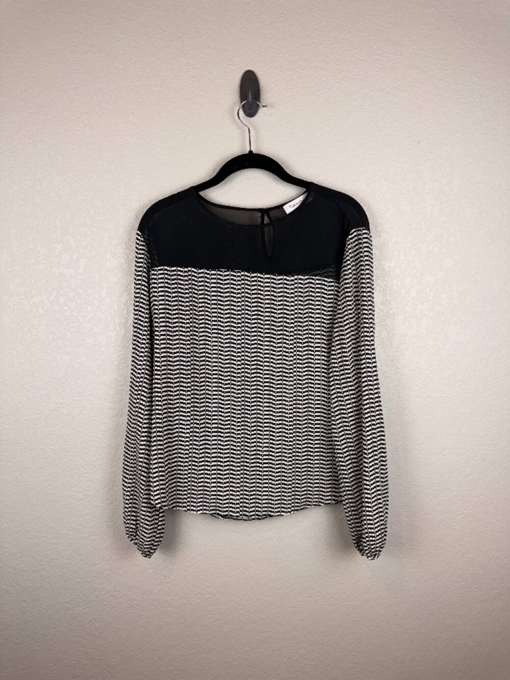 Calvin Klein Black White Geometric Sheer Yoke Long Sleeve Blouse S